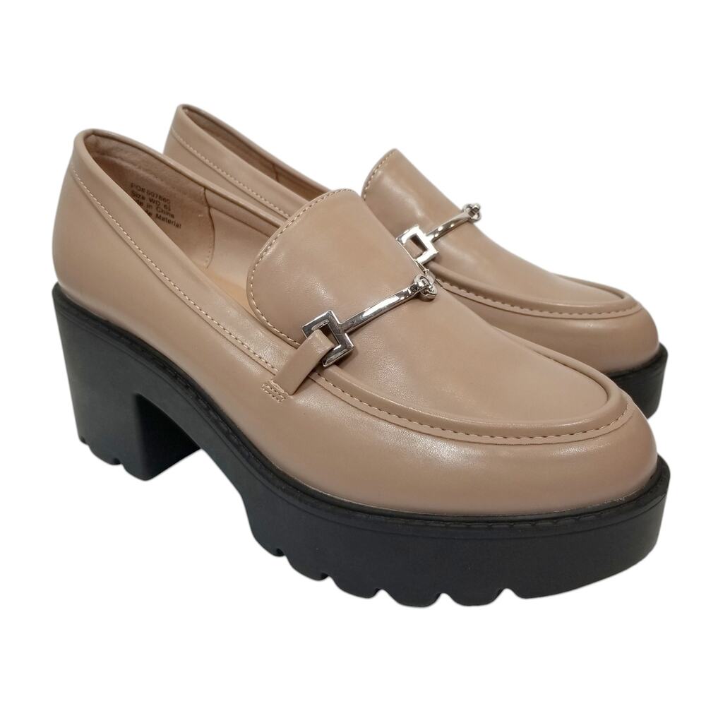 Journee Collection NWOB Faux Vegan Leather Platform Block Heel Loafers Tan 6.5